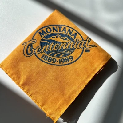 Vintage 1989 Montana Centennial Bandana Scarf Western Orange Blue 21" Square - Image 1 of 4