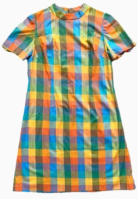 Vintage 1960s Handmade Sheath Dress Fall Colors Madras Plaid Zip Back Sz 38 Bust - Image 1 of 4