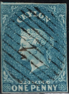 CEYLON 1857-59 QV IMPRF SC#A 1/3/1P/BLU/ WMK STAR/4-BRDRS INTCT/OVL STRIPE CANCL - Image 1 of 3