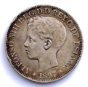 S.C. Spain-Alfonso XIII. 1 Peso 1897 SGV. Manila. Plata 25 g. Escasa - Picture 1 of 2