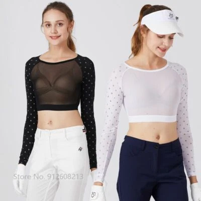  Women Printed Long Sleeve Shirt Ice Silk Golf Crop Tops Anti-UV Elastic T-shirt - Image 1 of 4