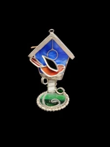 3D Stained Glass Suncatcher Red Tanager Bird With Blue Bird House 6" Tall LOOK!! - Picture 1 of 2