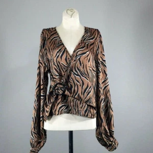 NWT Line & Dot Silky Animal Print Blouse M Faux Wrap Long Sleeve Buckle Belt Top - Picture 1 of 7