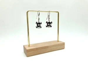 925 Sterling Silver Black Enamel Skull Earrings - CZ Dangle Signed - Picture 1 of 5