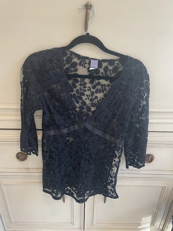 Black Hanky Panky Lace 3/4 Sleeve V Neck Blouse Small - Image 1 of 4