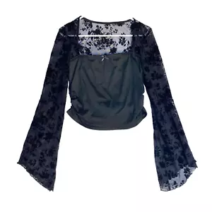 Velvet Burnout Blouse Womens XL L Whimsigoth Sheer Mesh Bell Sleeve Vamp Y2K - Picture 1 of 15