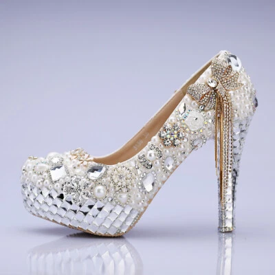 Crystal shoes high heels wedding shoes bridal shoes pearl shoes waterproof platf - Image 1 of 4