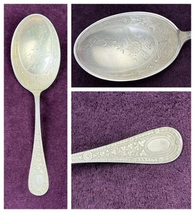 Antico cucchiaio da portata 1800 Geo C. Shreve & Co. argento sterling floreale 9" bacche - Foto 1 di 13
