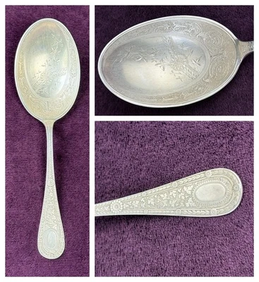 Antigua cuchara para servir bayas floral de plata esterlina de 9" Geo C. Shreve & Co. del siglo XIX Foto 1 de 4