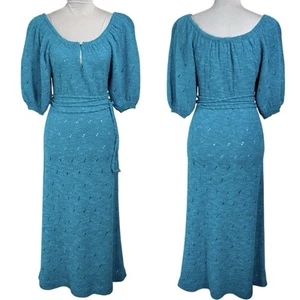Vintage 70er Boho Hippie Strick Bauern Midikleid Gr. S blau Puffärmel Gürtel - Bild 1 von 16