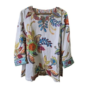 John Mark Floral Embroidered Tunic Top Colorful Bohemian Blouse Medium - Picture 1 of 6