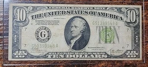 1928c $10 Light Green Seal Federal Reserve Note- G51399548A Lime Gold On Demand - Picture 1 of 2