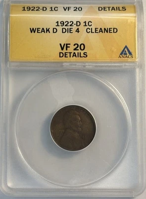 1922 D 1C Lincoln Wheat Cent Cleaned ANACS Good Weak D Die # 4 VF20 (511.159) - Image 1 of 4
