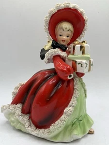 Vintage Weihnachten Napco Japan Dame in Rot Gehen mit Geschenken AX2748B LESEN 7,5" groß - Bild 1 von 19