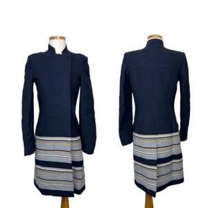 BCBGMAXAZRIA Wool Zip Front Classic Longline Coat Jacket Striped Navy Blue XS - Picture 1 of 8