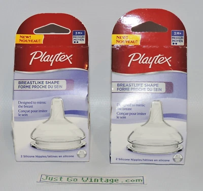 2x Playtex Breastlike Shape Silicone Nipples 3M+ Medium Flow 4 TOTAL Nipple, NEW - Image 1 of 4
