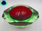 Murano Sommerso, faceted geode art glass bowl red in green glows in UV