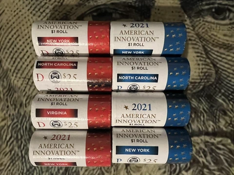 2021 P&D American Innovation $1 Dollar Mint Rolls - 8 Roll Set NY, NC, VA, NY Cover
