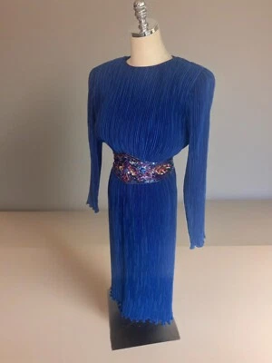 Vintage 80s Nuit Pleated Blue Beaded Dress-Excellent Size Small Sequin Belt - Image 1 of 4