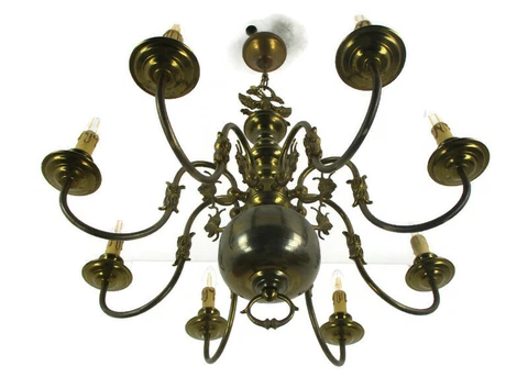 Flemish Dutch Double Chandelier 8 Arms Lights Brass Faces Eagle Gorgeous HTF Cover