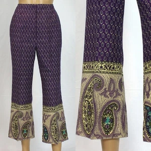 Vintage 1960s/60s Purple Paisley Border Print Bell Bottom Pants 1970s/70s - Picture 1 of 9