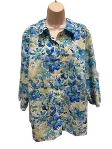 Alfred Dunner WOMENS 1X Blue Floral Button Blouse Pastels 3/4 Sleeve Button Up - Picture 1 of 6