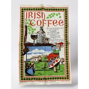 Vintage Irish Coffee Tea Towel Linen Recipe Leprechaun Shamrocks Made Ireland - Picture 1 of 12