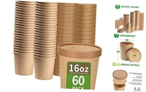 60 Pack 16 oz Paper Soup Containers with Lids, Disposable Ice Cream Pint - Picture 1 of 7