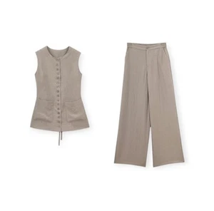 Conjunto de chaleco sin mangas y pantalones de pierna ancha de mezcla de lino - Beige neutro Co-ord - Imagen 1 de 10