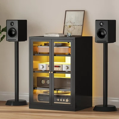 Armário de mídia de aço 33,4" com iluminação LED e 4 prateleiras ajustáveis para sala de estar - Imagem 1 de 4