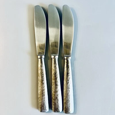 3 Pottery Barn PBN41 Dinner Knives Knife Set Stainless Flatware Hammered Vtg - Image 1 of 4