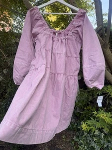 Free People £120 Lilac Pink Denim Puff Sleeves Pockets Babydoll Dress BNWT S 8 - Picture 1 of 21