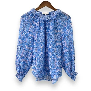NEW Caballero Anthropologie Leigh Blue Folded Ink Blot Blouse XS Puff Sleeves - Picture 1 of 10