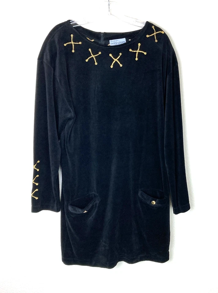 Bloomingdale's 复古 Shift 迷你连衣裙 M-L 码黑色天鹅绒金色细节背面拉链 — 第 1/4 张图片