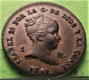 ISABEL II, 1 Maravedi, 1842, SEGOVIA, EBC+, Cu, Cospel doble, RARA, 1,9 Grs. - Picture 1 of 2