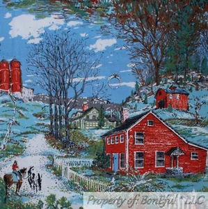 BonEful FABRIC VTG Cotton Decor Scenic Blue Sky Green Grass Farm Red Barn Horse - Picture 1 of 11