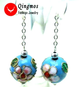 Orecchino cloisonne blu cielo gioielli Cina tondo 10 mm per donna pendente orecchino 2'' - Foto 1 di 4