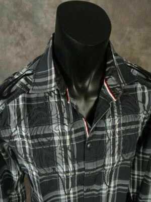 Mens Western Style Shirt Grey Plaid Embroidery Front Back Long Sleeve Button Up - Image 1 of 4
