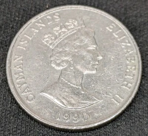 1990 CAYMAN ISLANDS 25 CENTS COIN QUEEN ELIZABETH II SCHOONER - Picture 1 of 2