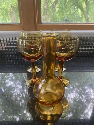 BEAUTIFUL 4 Hand Blown Amber Glass Wine Glasses & 1 Glass Bottle/Vase (SET OF 5) - Image 1 of 4
