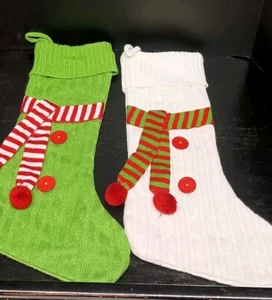 Pair Of Knitted Christmas Stockings Green & White - Picture 1 of 7
