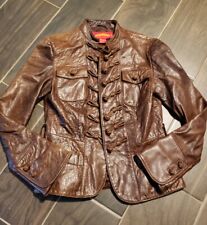 Women's Shanghai Tang Brown Leather Mandarin Jacket Frog Button Closure Size 4