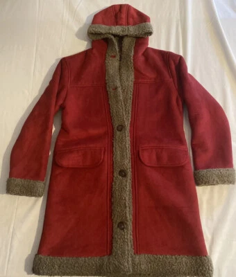 Womens Vintage Cabela's Long Red Winter Dress Coat Hooded Button Up Small FLAWS* - Image 1 of 4