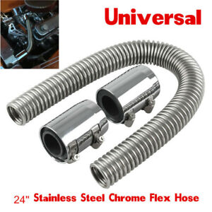24" Universal Chrome Stainless Steel Radiator Flex Coolant Water Hose Kit w/Caps