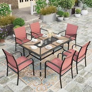 7 Piece Patio Furniture Set Outdoor Dining Set w/ 6 Chairs Rectangle Table Red - Picture 1 of 10