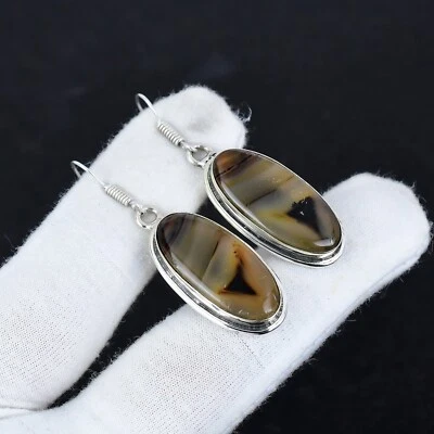 Naturale Montana Agata Gemma Orecchini 925 Argento Sterling Massiccio Gioielli - Immagine 1 di 4