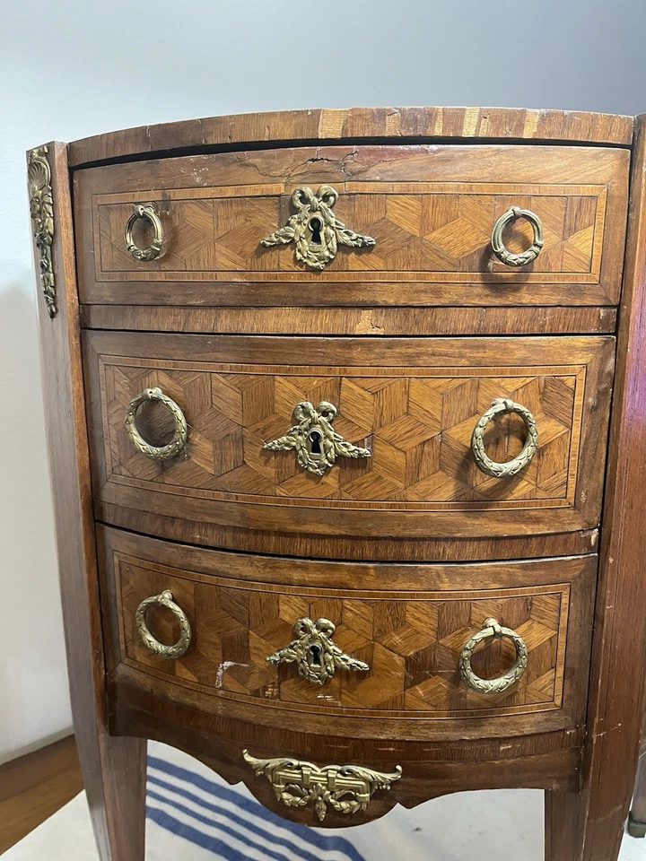 French Inlay SideTable 3 Draw NO  Marble Top Vintage Hardware Craftsmanship - Image 1 of 4