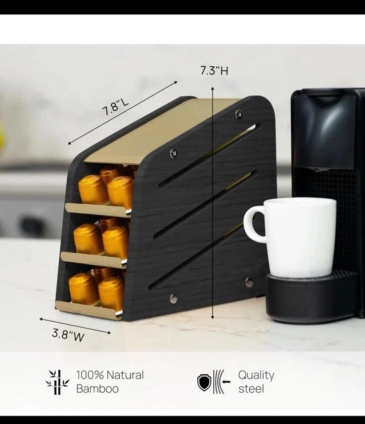 Soporte para cápsulas de café de madera Ibyx para Nespresso de 3 niveles, bambú negro, marco dorado Foto 1 de 1