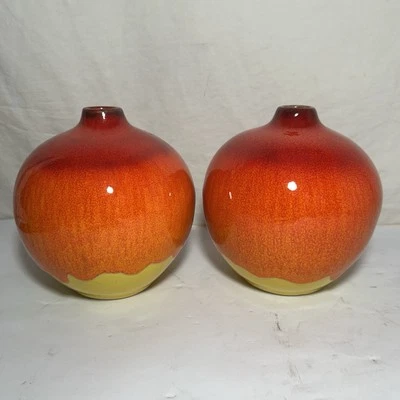 "Par de 2 jarrones de cerámica artística de barril y cajón Roy con esmalte por goteo rojo naranja amarillo de 5""" Foto 1 de 4