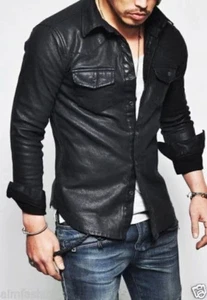 Camisa de cuero negra de piel de cordero genuina para hombre calce ajustado uso causal camisa de motociclista - Imagen 1 de 4
